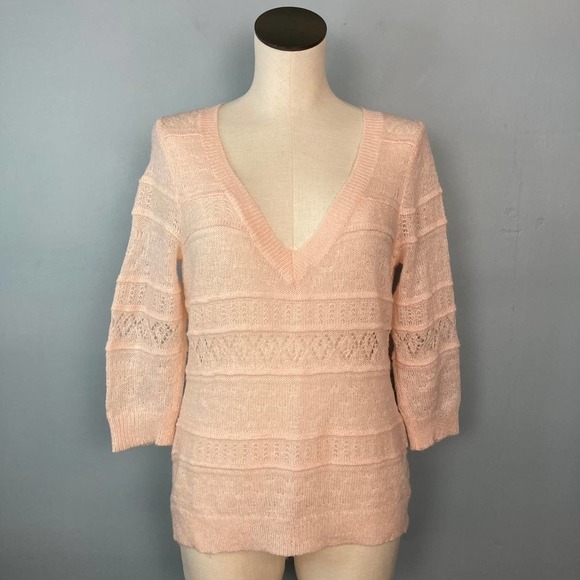 NEW York & Company Mohair Blend Delicate Open Knit Pink Sweater 3/4 Length Small - Picture 12 of 12